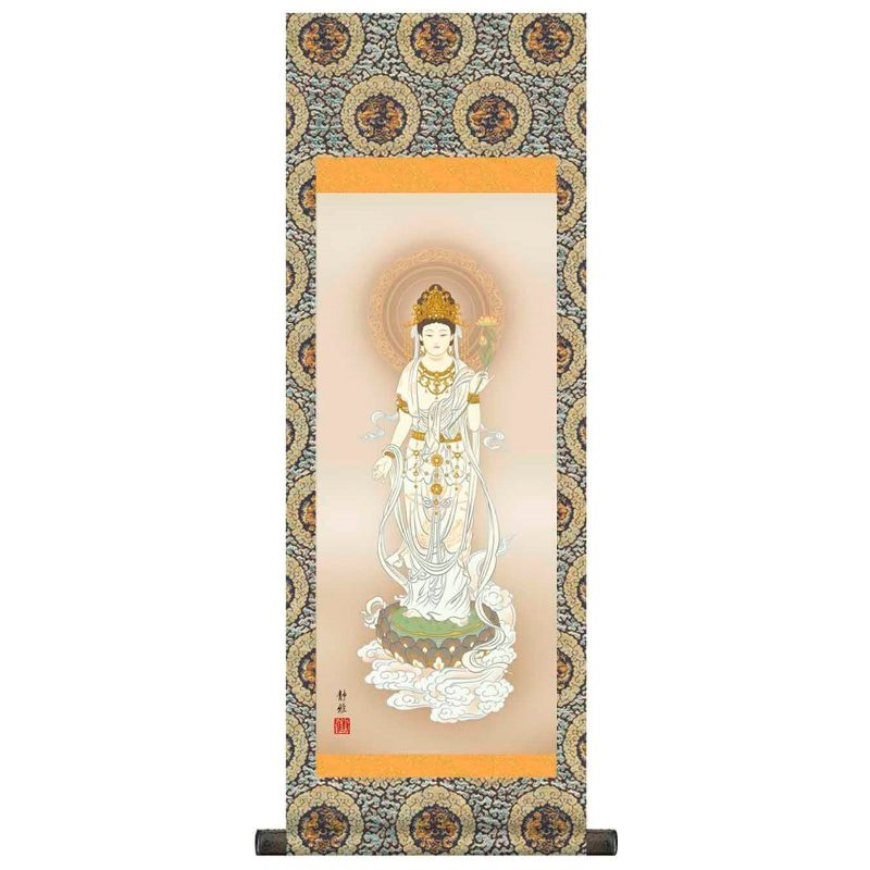 法要掛軸 【白衣観音】 阿部静雅 [掛軸単品] [大] [H6-066-dt]【代引き不可】掛軸表装サイズ：長さ１１０×幅３８ｃｍ■大サイズの掛軸単品です■化粧箱収納京都西陣・金襴本表装本紙：新絹本軸